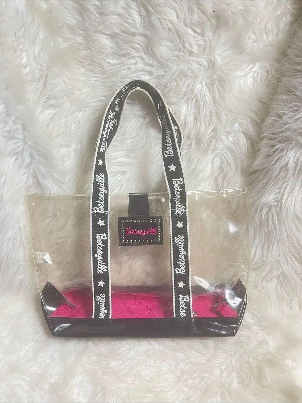 Betseyville by Betsey Johnson Clear Tote Bag Pink Interior black & white straps